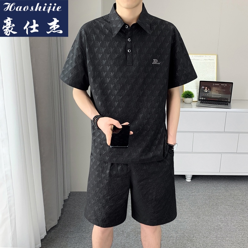 13749215.《舒适透气》夏季薄款男衬衫短袖短裤休闲套装两件套