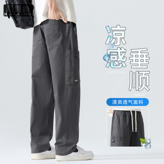 13750943.港风男士纯棉宽松直筒拼接工装裤青少年口袋美式户外运动休闲长裤
