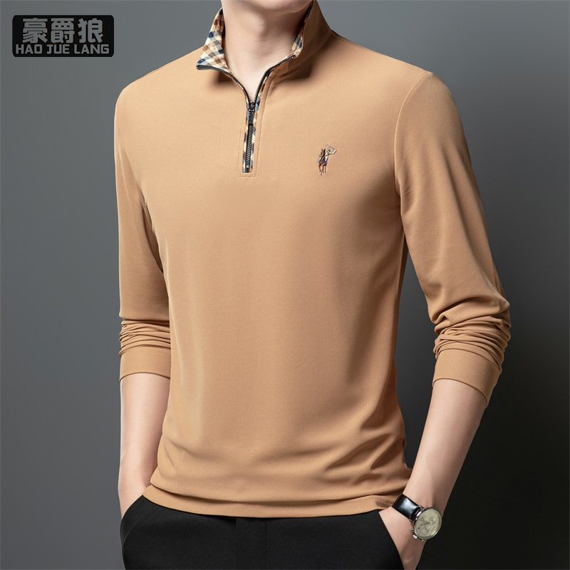 13750899.时尚长袖T恤男士翻领POLO衫中青年纯色体恤衫刺绣休闲上衣