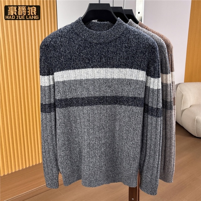 13751011.高品羊毛衫男100%纯羊毛撞色条纹圆领加厚休闲针织提花毛衣