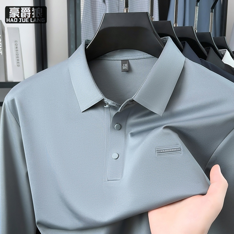 13750990.凉感Polo衫长袖翻领POLO衫男士春秋季桑蚕丝中老年商务休闲