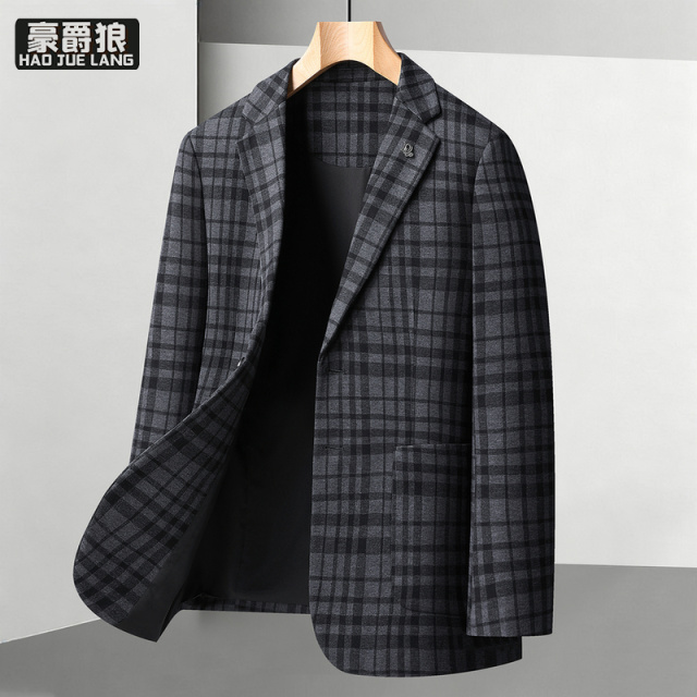 13750998.中年西服男商务灰色格子宽松秋冬季新款外套帅气毛呢休闲西装