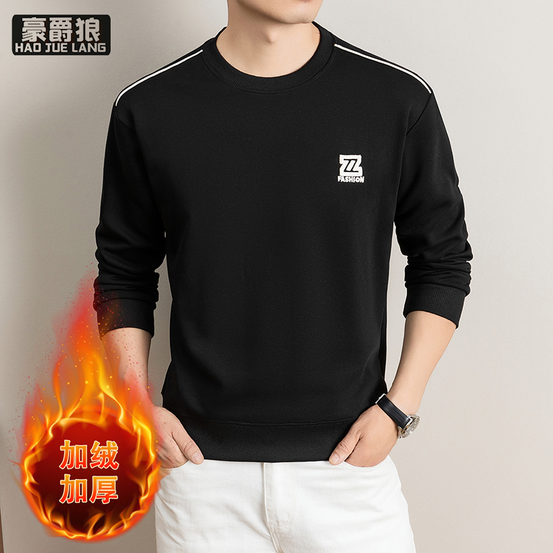 13750914.秋冬新款男士加绒卫衣纯色圆领撞色肩线刺绣中年商务休闲保暖长袖