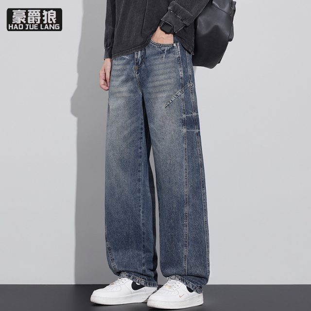 13750957.秋季新款潮流弯刀牛仔裤男美式高街痞帅长裤复古洗褪休闲型裤子