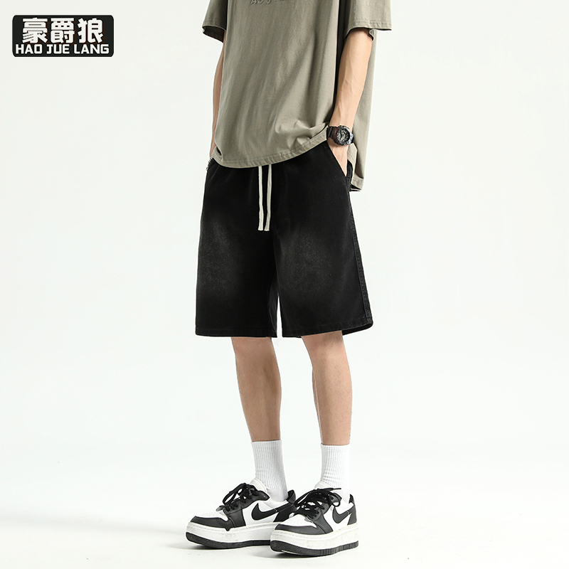 13750941.黑色牛仔短裤男夏季薄款潮流宽松水洗做旧休闲百搭运动五分裤子潮