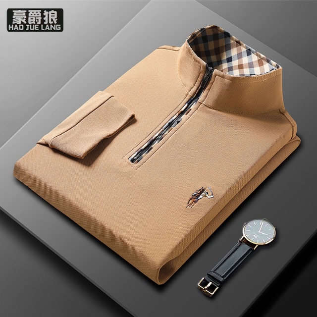 13750899.时尚长袖T恤男士翻领POLO衫中青年纯色体恤衫刺绣休闲上衣