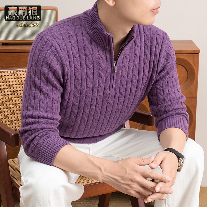 13750903.秋冬男士扭花毛衣含羊毛针织衫半开襟拉链半高中圆领立领加厚