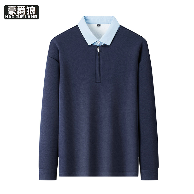 13750925.假两件半拉链翻领卫衣男款冬季加绒加厚polo衫美式重磅衬衫领上衣