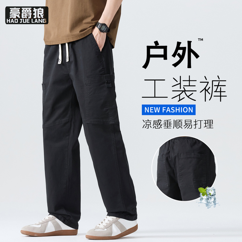 13750943.港风男士纯棉宽松直筒拼接工装裤青少年口袋美式户外运动休闲长裤