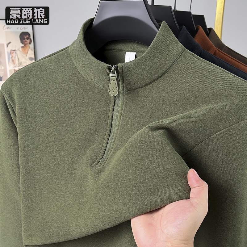 13750900.春秋季卫衣男中年拉链半高领打底衫奥粒绒立领修身纯色长袖t恤