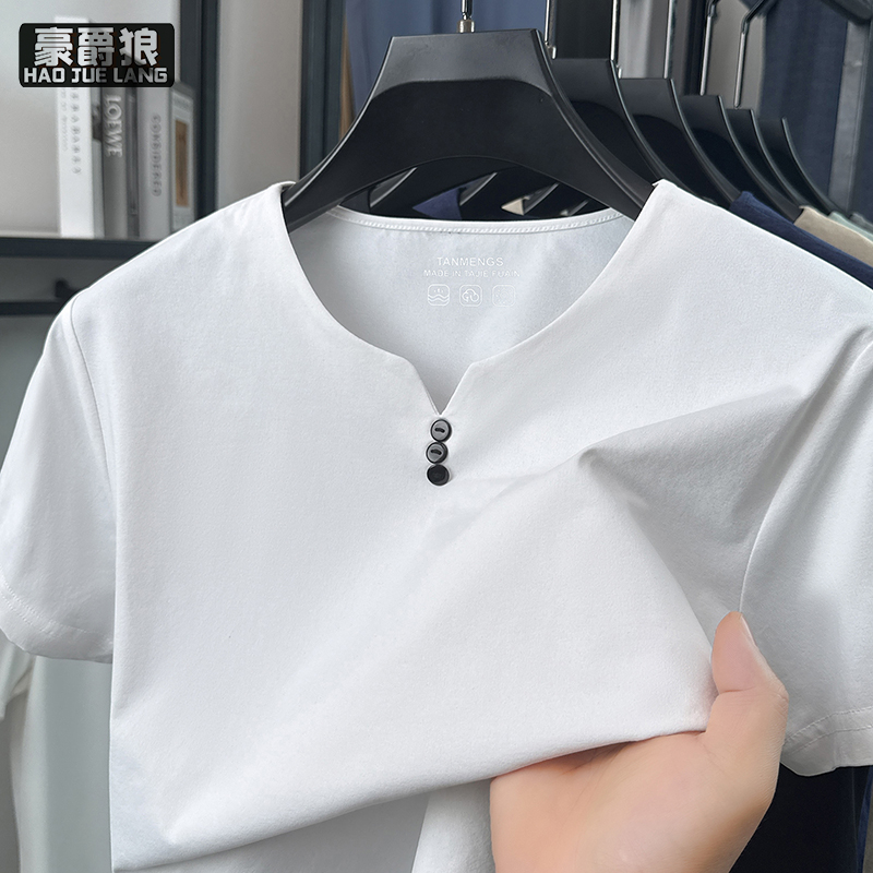 13750901.夏季新款短袖t恤男士V领薄款纯棉纯色半袖潮流休闲百搭体恤