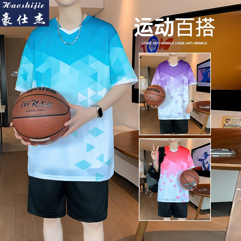 13749219.夏季爆款青少年速干冰丝短袖套装篮球服运动套装