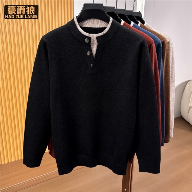 13750933.假两件圆领针织衫男士宽松休闲日系简约毛线衣高级感秋冬季毛衣男