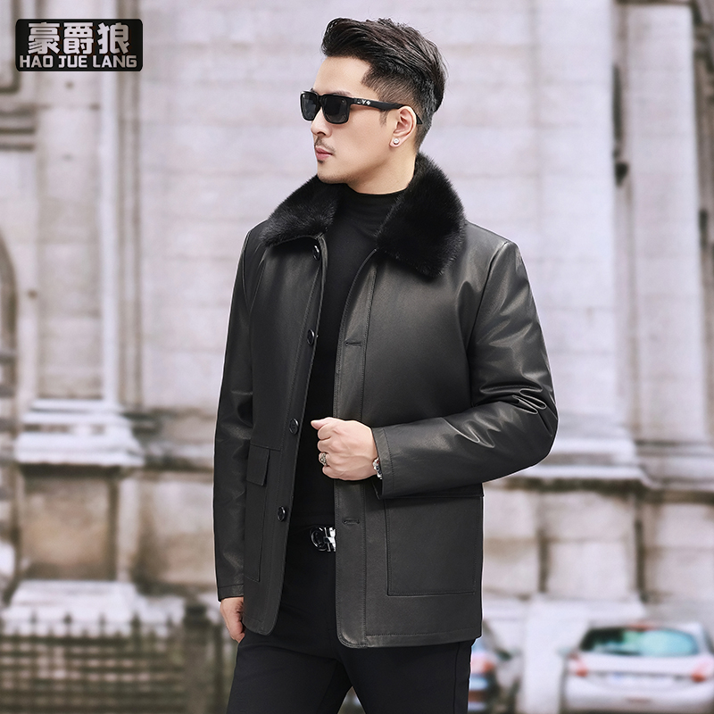13750276.头层牛皮真皮皮衣男士狐狸毛领扣款纯皮夹克爸爸通勤商务透气耐磨皮衣