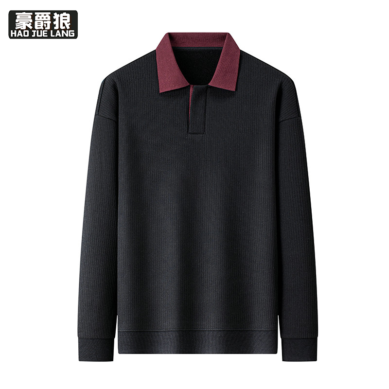 13750928.加绒撞色卫衣时尚秋冬长袖基础版polo衫加厚暖感打底衫男士