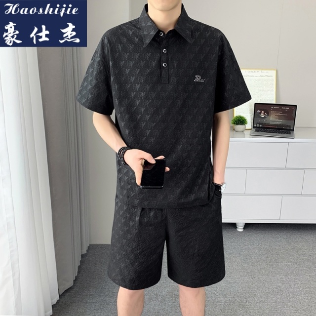 13749215.《舒适透气》夏季薄款男衬衫短袖短裤休闲套装两件套