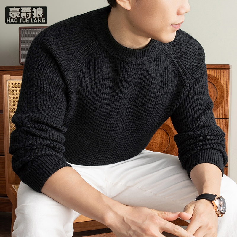 13750905.商务穿搭圆领简约坑条针织衫男长袖秋冬保暖毛衣打底衫休闲百搭潮