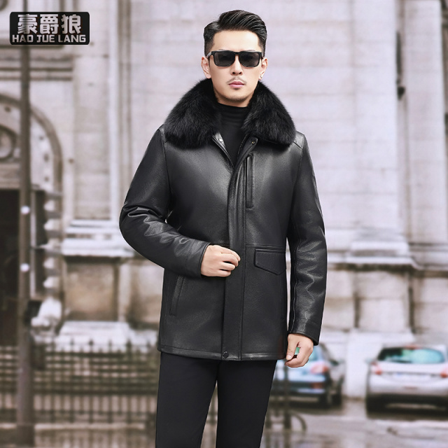 13750260.头层山羊皮真皮皮衣男士羽绒服内胆中老年爸爸装皮夹克外套男