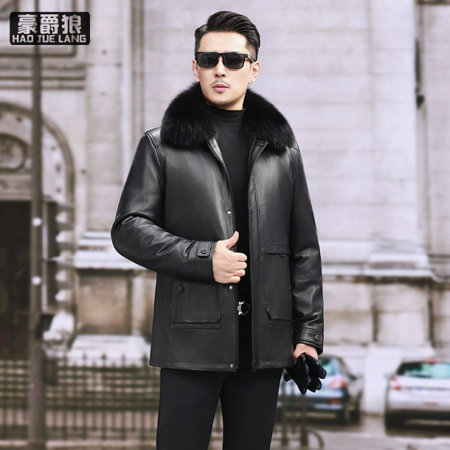13750270.真皮皮衣男中年爸爸装山羊皮夹克狐狸毛领皮草加厚羽绒内胆冬