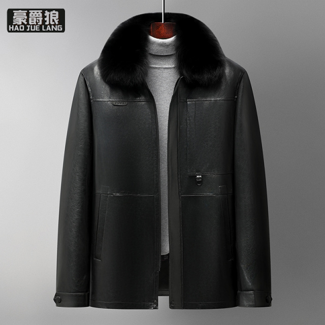 13750265.牛皮衣男士常规水貂毛领羽绒服内胆皮大衣男装外套冬保暖真皮夹克