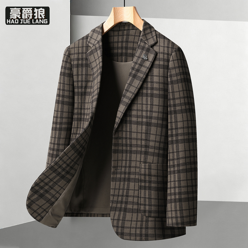 13750998.中年西服男商务灰色格子宽松秋冬季新款外套帅气毛呢休闲西装