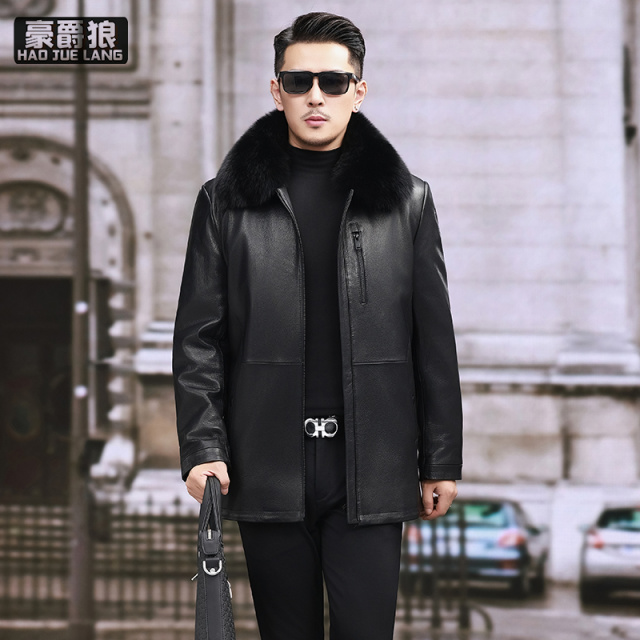 13750257.山羊皮真皮皮衣男中长款加厚羽绒内胆中老年爸爸外套皮草风衣外套冬
