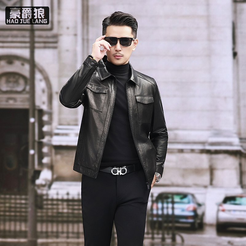 13750278.头层牛皮真皮皮衣男通勤新款春秋季机车服外套翻领工装油蜡皮夹克