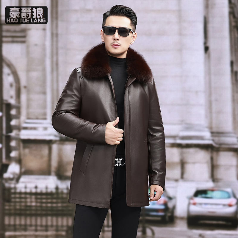 13750272.冬季海宁头层绵羊皮真皮皮衣男士可脱卸羽绒服皮夹克中老年爸爸外套