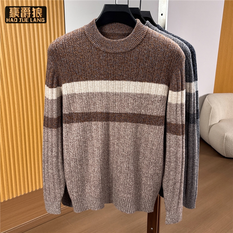 13751011.高品羊毛衫男100%纯羊毛撞色条纹圆领加厚休闲针织提花毛衣
