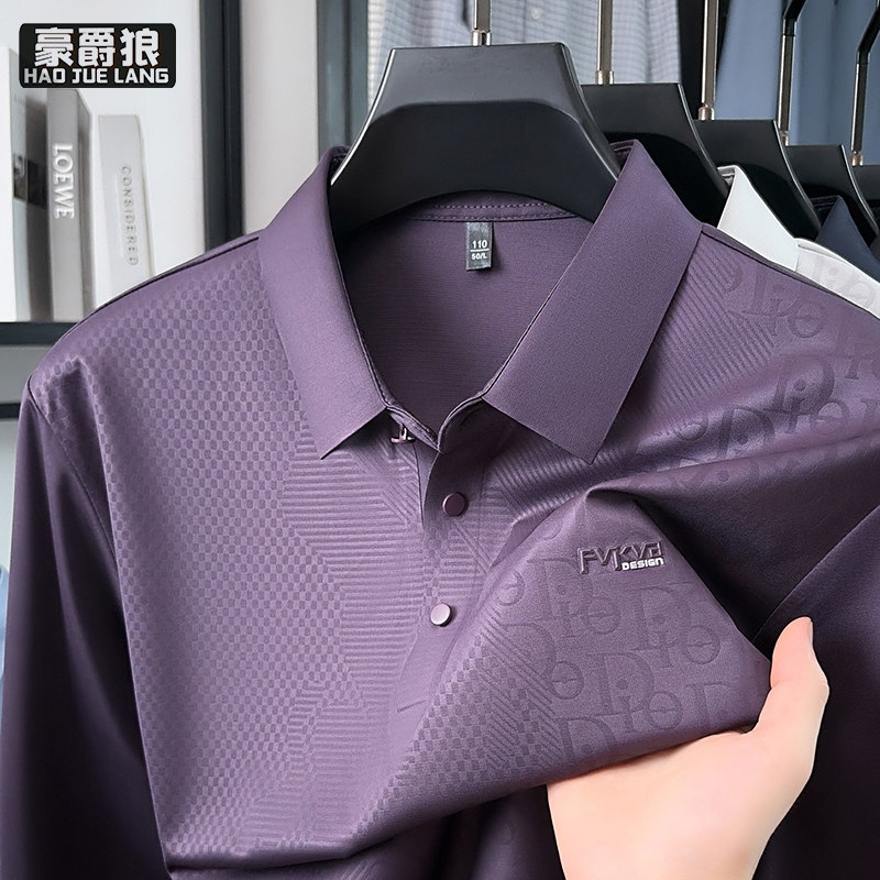 13750988.春秋季新款男士长袖polo衫含桑蚕丝商务休闲简约时尚T恤男装