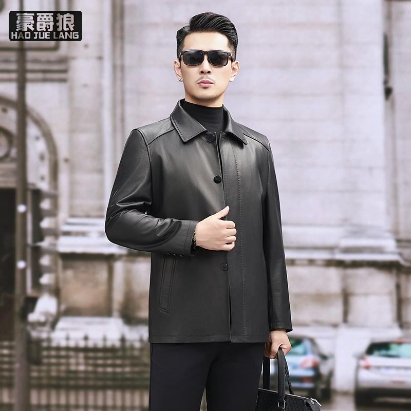 13750275.原皮夹克男士春秋薄款翻领休闲爸爸装绵羊皮外套中年短款真皮皮衣
