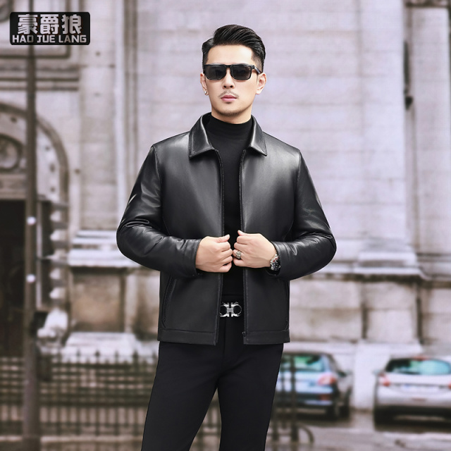 13750268.真皮头层绵羊皮翻领简约男装皮夹克通勤商务羊皮透气耐磨皮衣