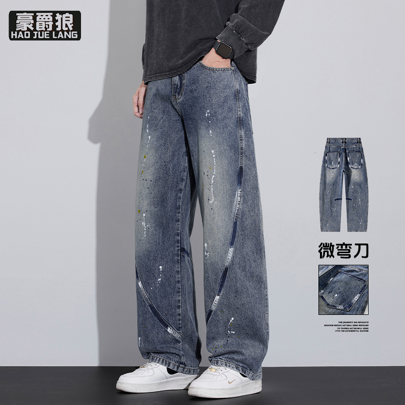 13750954.秋季新款潮流弯刀牛仔裤男美式高街痞帅长裤复古洗褪休闲型裤
