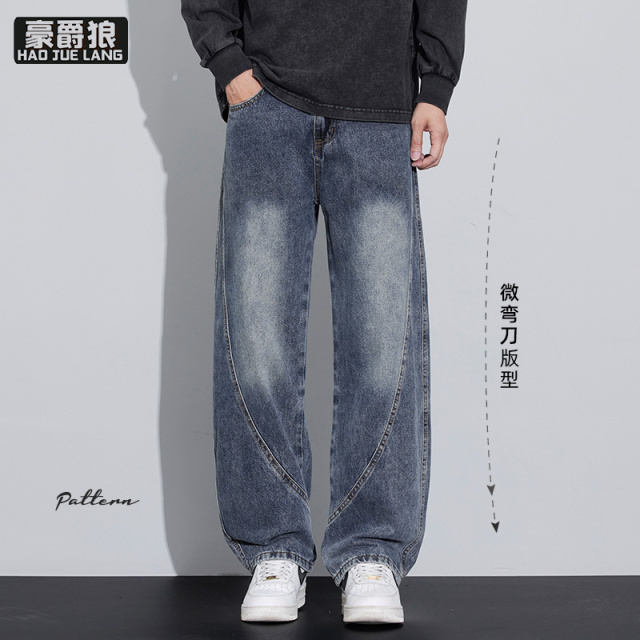 13750940.美式弯刀男宽松直筒水洗阔腿长裤复古休闲风百搭直筒牛仔裤