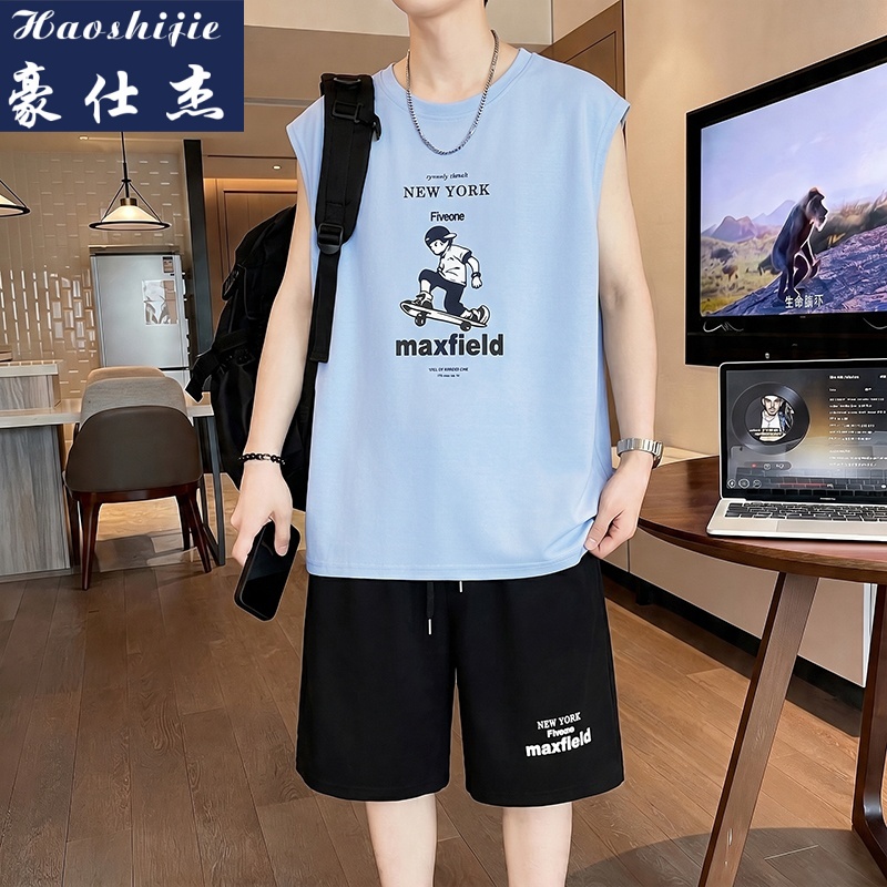13751032.《休闲舒适》夏季薄款男简约百搭背心短裤运动套装无袖两件套