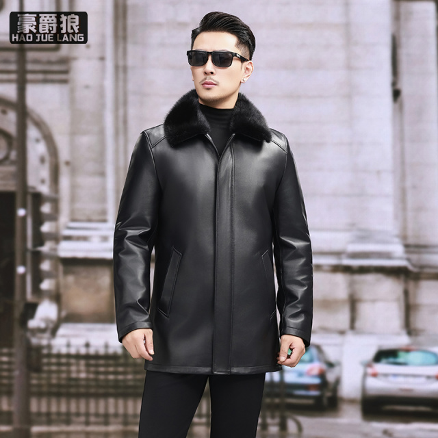 13750272.冬季海宁头层绵羊皮真皮皮衣男士可脱卸羽绒服皮夹克中老年爸爸外套