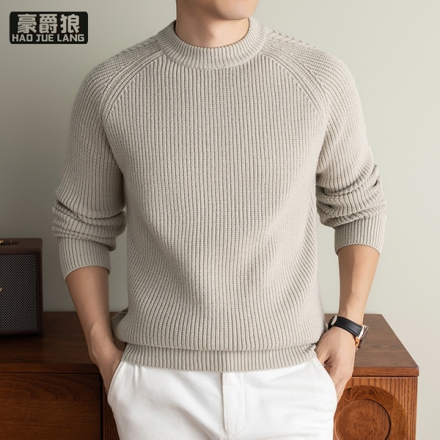 13750905.商务穿搭圆领简约坑条针织衫男长袖秋冬保暖毛衣打底衫休闲百搭潮