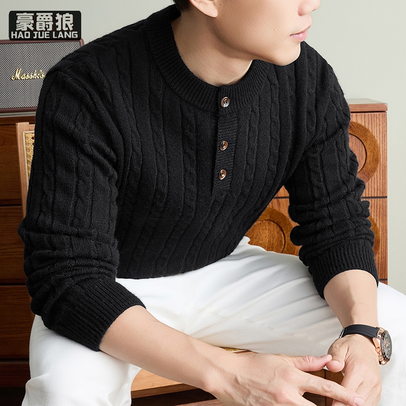 13750898.男士老钱风秋冬新款亨利领纽花针织衫休闲百搭男士毛衣线衣