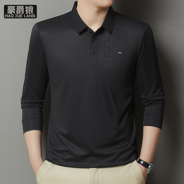 13750988.春秋季新款男士长袖polo衫含桑蚕丝商务休闲简约时尚T恤男装