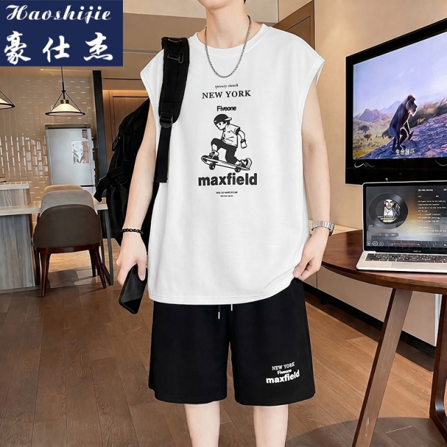 13751032.《休闲舒适》夏季薄款男简约百搭背心短裤运动套装无袖两件套