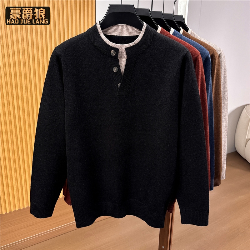 13750933.假两件圆领针织衫男士宽松休闲日系简约毛线衣高级感秋冬季毛衣男