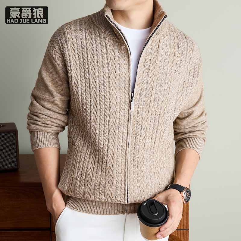13750916.春秋季新款男士毛衣外套加厚700g针织开衫拉链休闲时尚厚款外套男