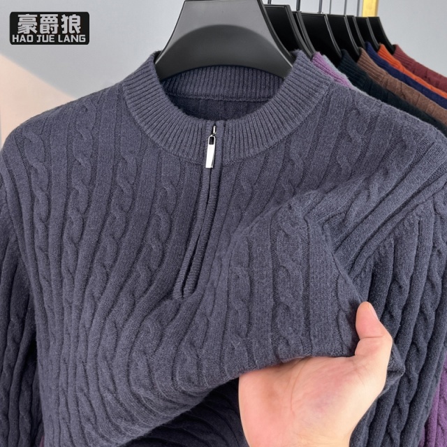 13750903.秋冬男士扭花毛衣含羊毛针织衫半开襟拉链半高中圆领立领加厚
