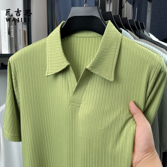 13751044.夏季短袖海鸥领T恤男商务休闲纯色翻领针织POLO衫体恤中青年上衣