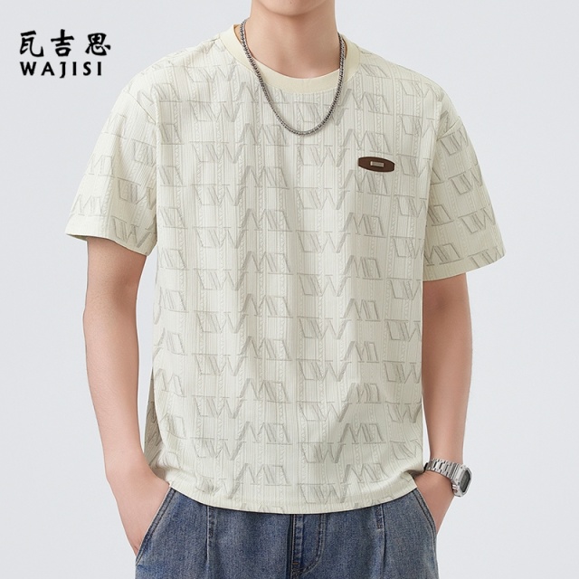 13754459.时尚新款夏季潮流印花休闲短袖青年男士时尚宽松提花圆领T恤上衣