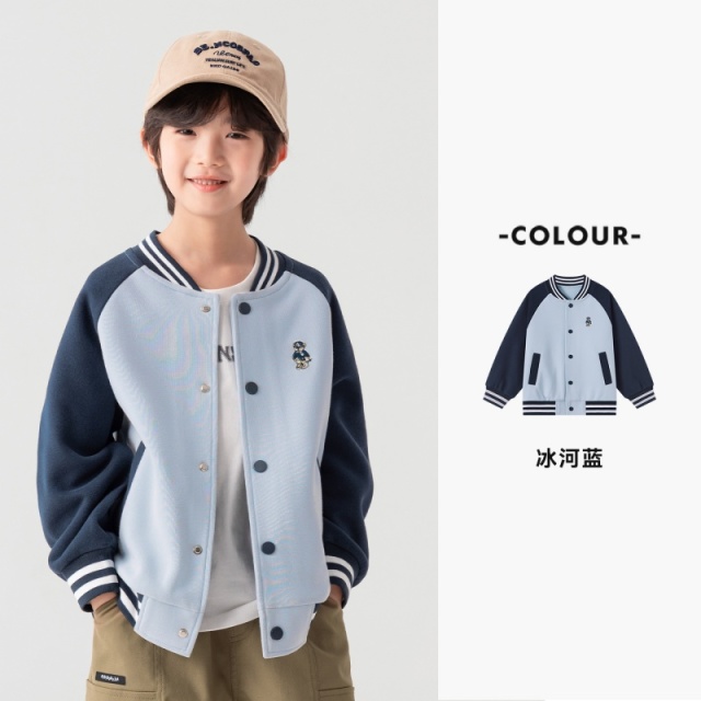 13756306.男童棒球服外套春秋款小熊刺绣插肩袖软糯上衣中大童休闲夹克开衫