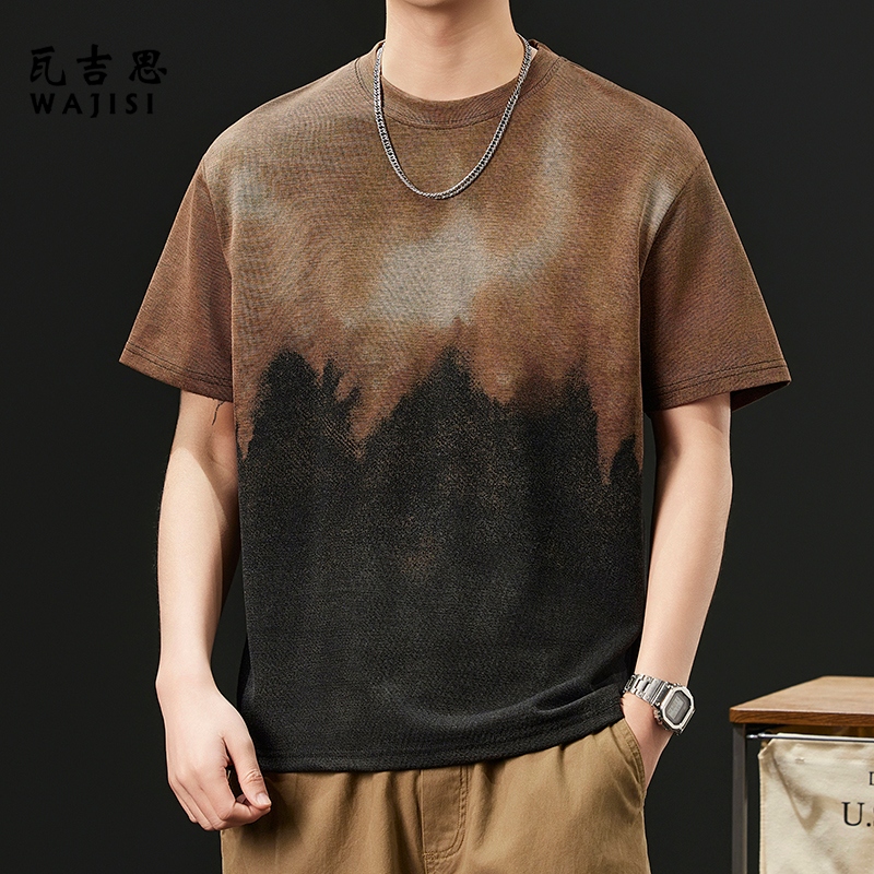 13754412.男士圆领短袖T恤夏季潮流新款渐变扎染宽松百搭半袖休闲上衣潮牌