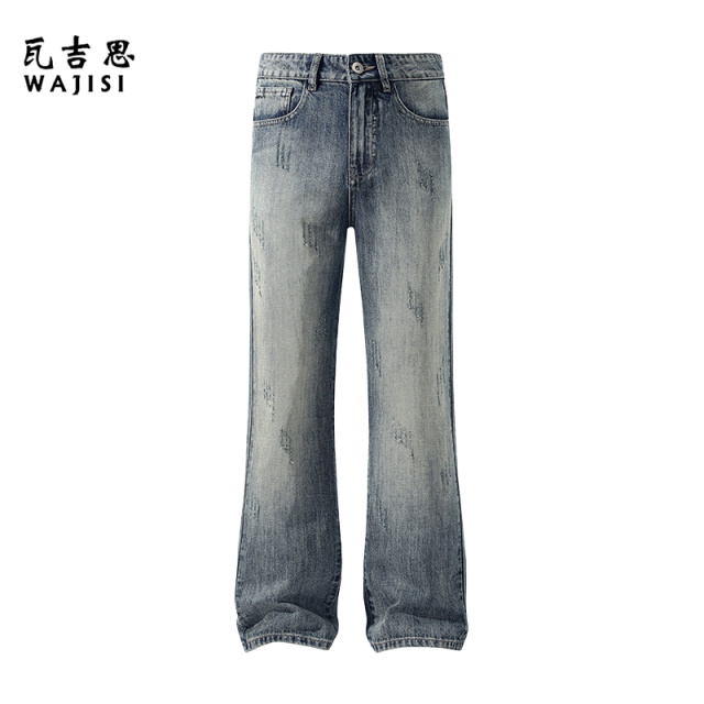 13754445.春秋新款牛仔裤男潮牌美式高街磨白破坏复古直筒微喇叭裤