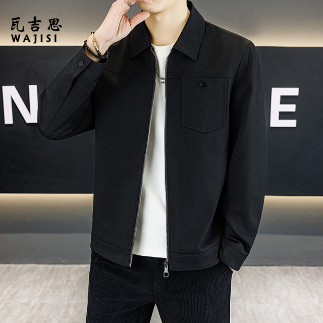 13754379.轻奢翻领夹克男时尚春季新款休闲百搭拉链外套春秋男装潮流上衣男