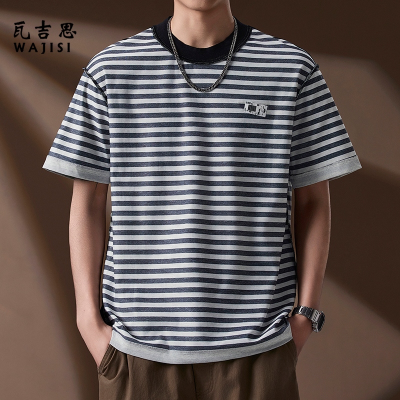 13754409.双面穿复古做旧短袖T恤男夏季水洗字母圆领体恤男高级感半袖上衣